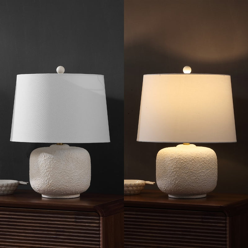 Qualm 20" Coastal Farmhouse Textured Resin/Metal Rounded Barrel LED Table Lamp