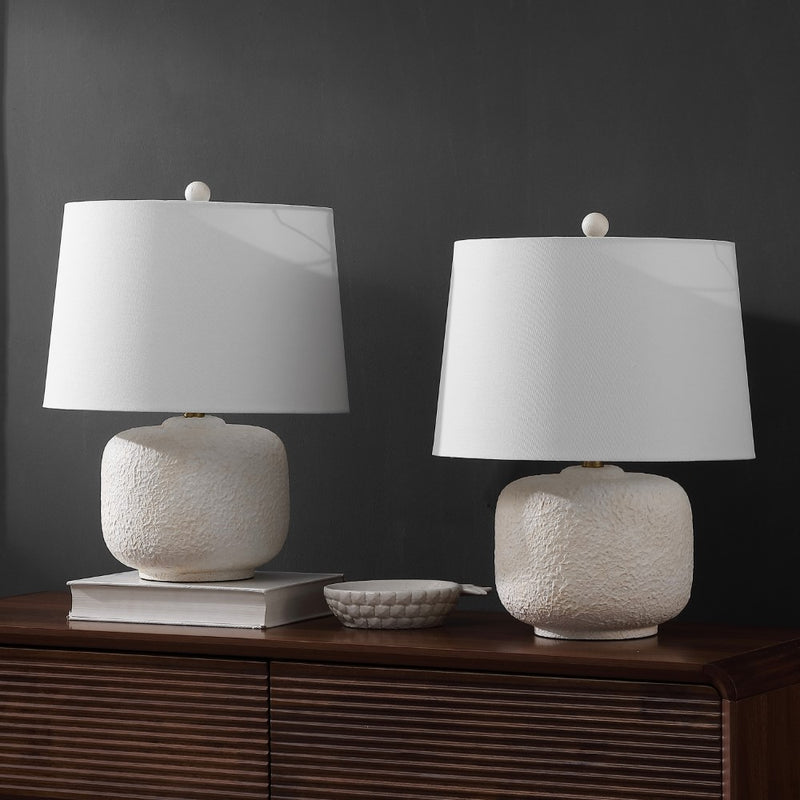 Qualm 20" Coastal Farmhouse Textured Resin/Metal Rounded Barrel LED Table Lamp