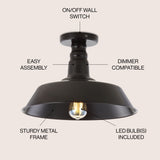 Camila 14"  Classic Industrial Indoor/Outdoor Iron LED Semi Flush Mount - JONATHAN Y