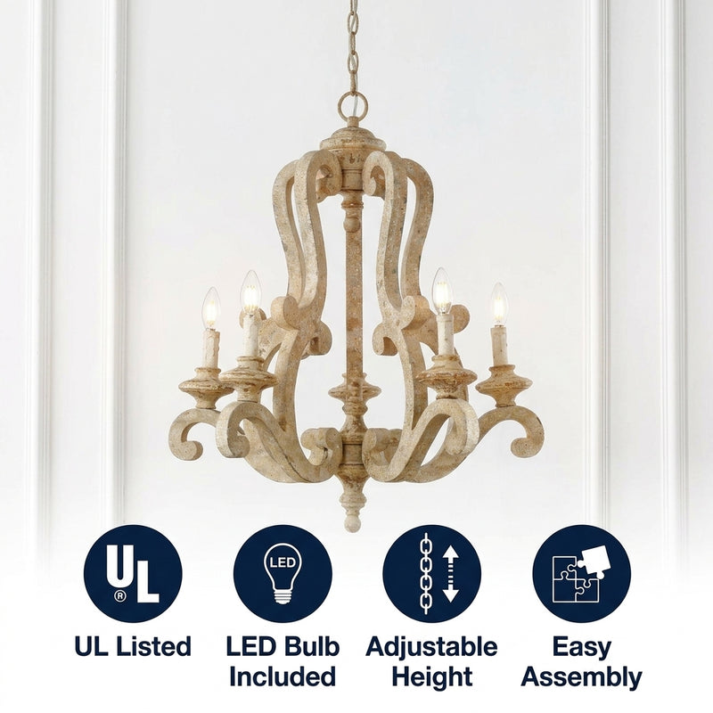 Oria 27" Adjustable Wood/Iron Rustic Scrolled LED Chandelier Brown / 5 Sockets – ICONS