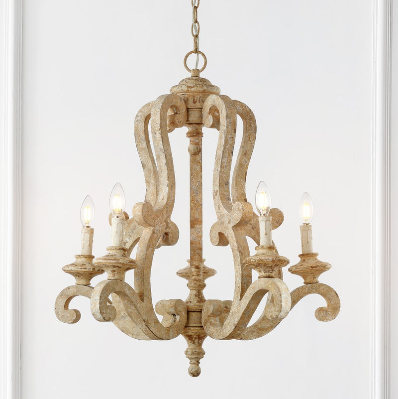 Oria 27" Adjustable Wood/Iron Rustic Scrolled LED Chandelier - JONATHAN Y