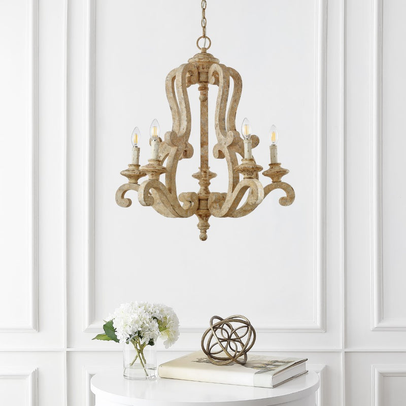 Oria 27" Adjustable Wood/Iron Rustic Scrolled LED Chandelier - JONATHAN Y