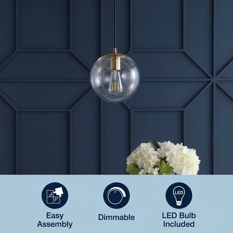 Bleecker 7.75" Metal/Glass Globe LED Pendant Clear/Brass – ICONS