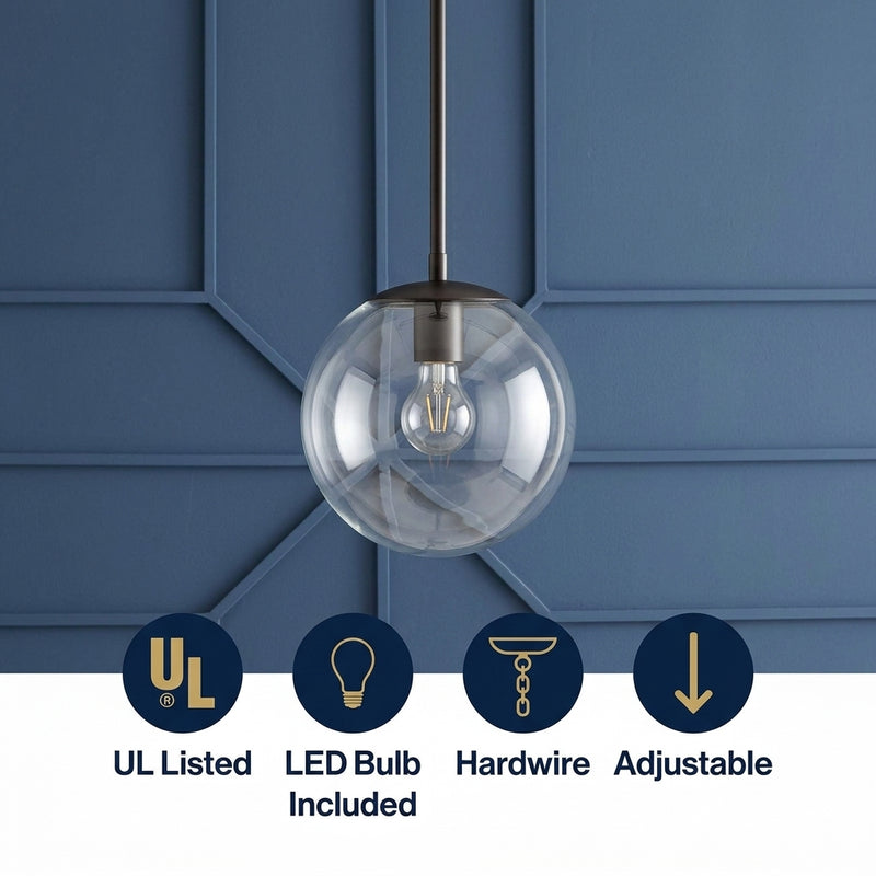 Bleecker 7.75" Metal/Glass Globe LED Pendant Clear/Oil Rubbed Bronze – ICONS
