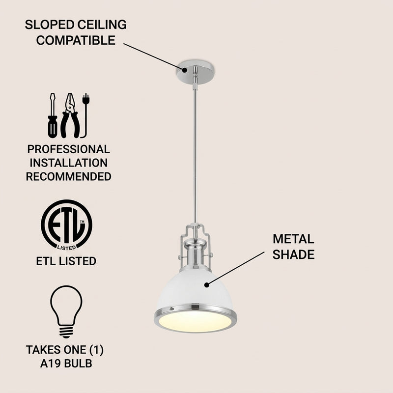 Homer Modern Industrial Iron LED Dome Pendant Chrome/White / 13'' – ICONS
