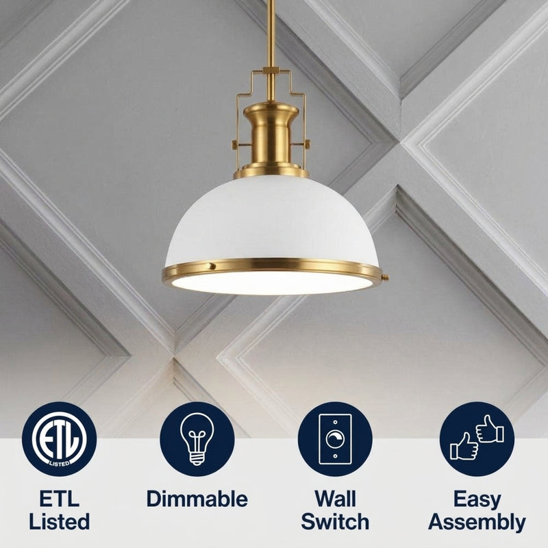 Homer Modern Industrial Iron LED Dome Pendant Brass Gold/White / 13'' – ICONS