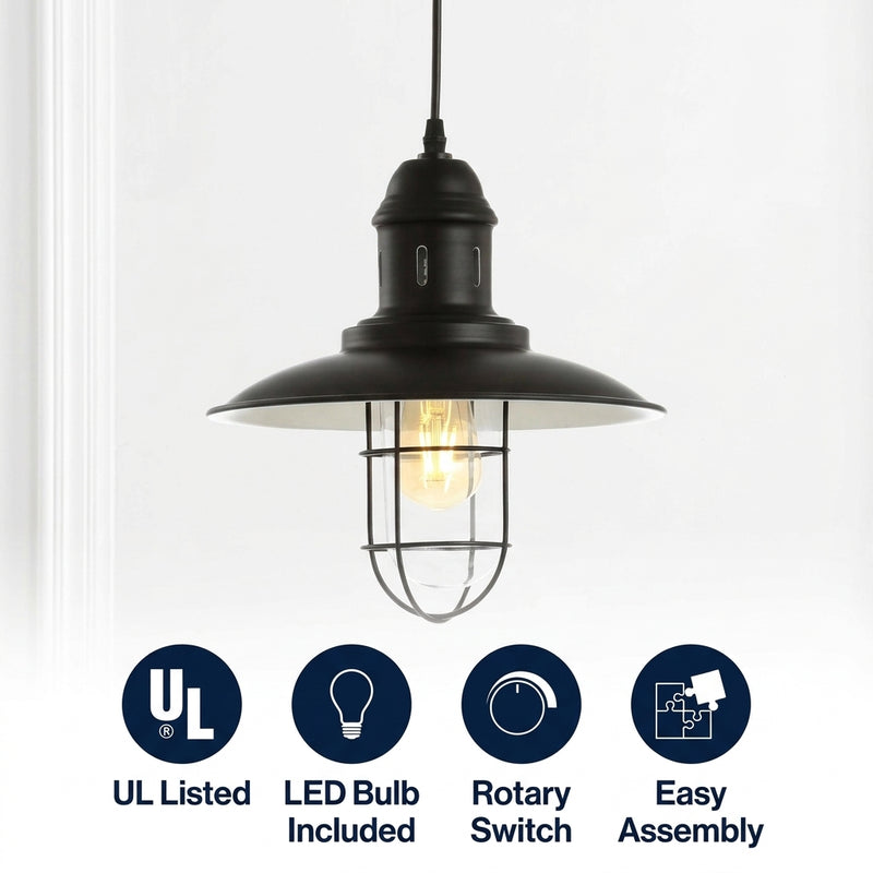 Deere 12" Adjustable Iron/Glass Cage Light LED Pendant Black – ICONS
