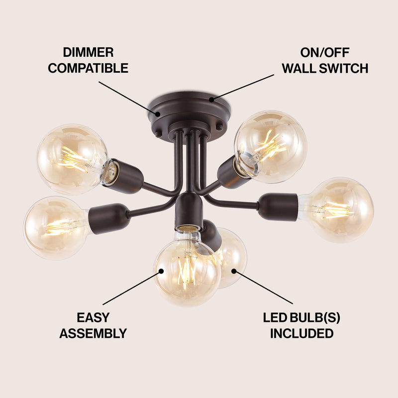 Marcel 20" Globe Farmhouse Modern Iron Bistro LED Semi Flush Mount - JONATHAN Y