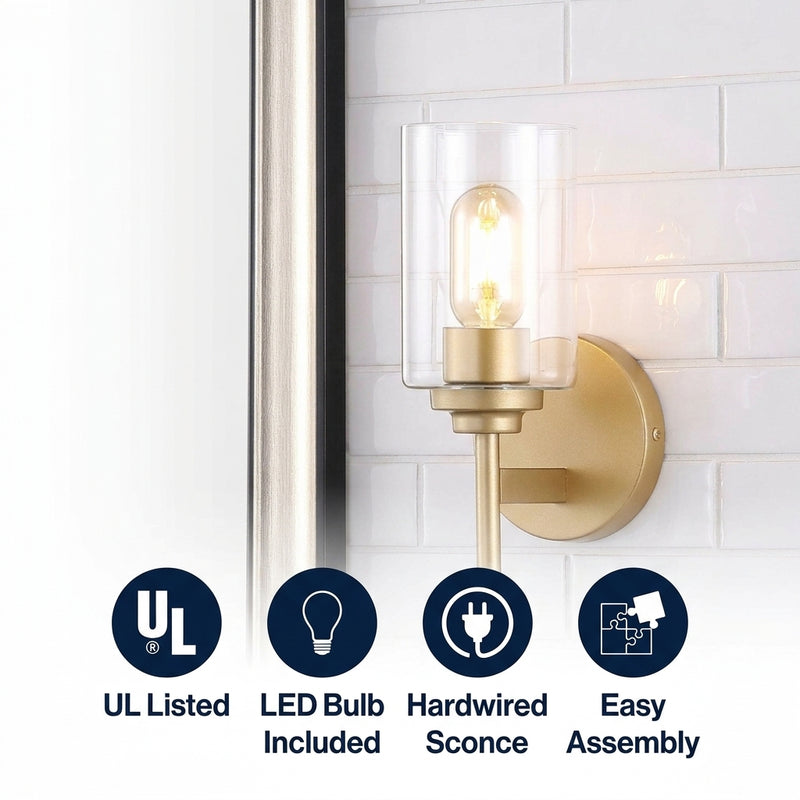 Juno Farmhouse Industrial Iron Cylinder LED Sconce Brass Gold/Clear – ICONS