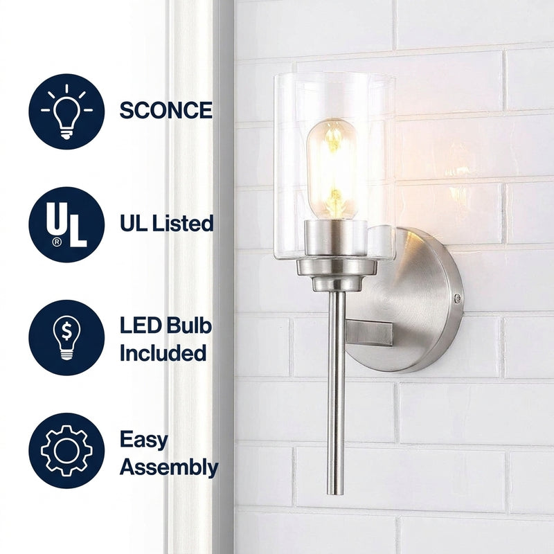 Juno Farmhouse Industrial Iron Cylinder LED Sconce Nickel/Clear – ICONS