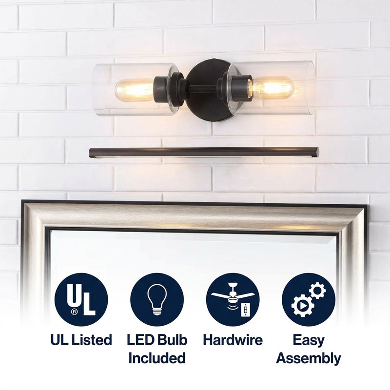 Cera Farmhouse Industrial Iron Cylinder LED Sconce Oil Rubbed Bronze/Clear / 2 Sockets – ICONS