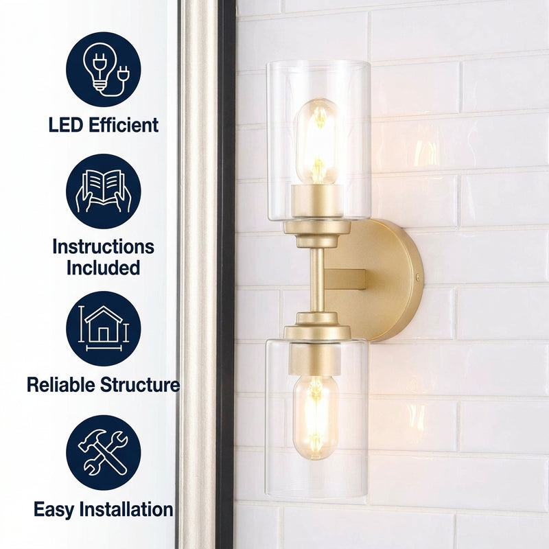 Cera Farmhouse Industrial Iron Cylinder LED Sconce Brass Gold/Clear / 2 Sockets – ICONS