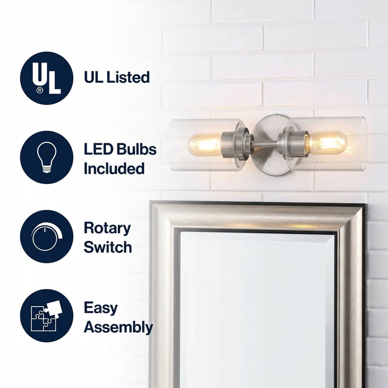Cera Farmhouse Industrial Iron Cylinder LED Sconce Nickel/Clear / 2 Sockets – ICONS