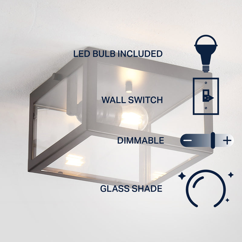 Eleanor 8" Farmhouse Industrial Square Iron/Glass Case LED Flush Mount - JONATHAN Y