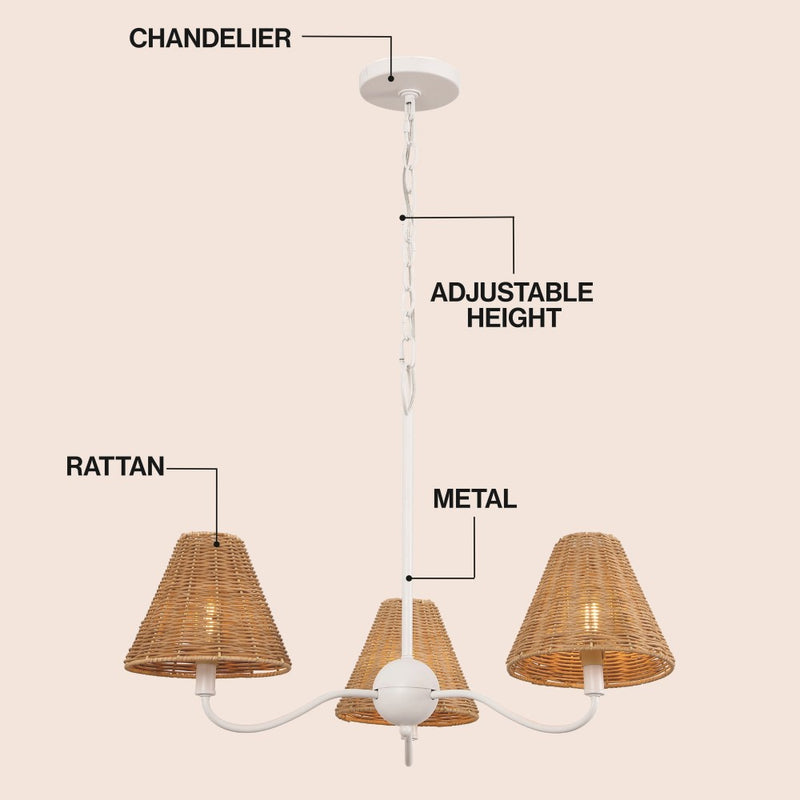 Grady Coastal Farmhouse Adjustable Swooping Arm Metal with Hand-Woven Rattan Shades LED Chandelier