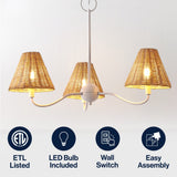 Grady Coastal Farmhouse Adjustable Swooping Arm Metal with Hand-Woven Rattan Shades LED Chandelier