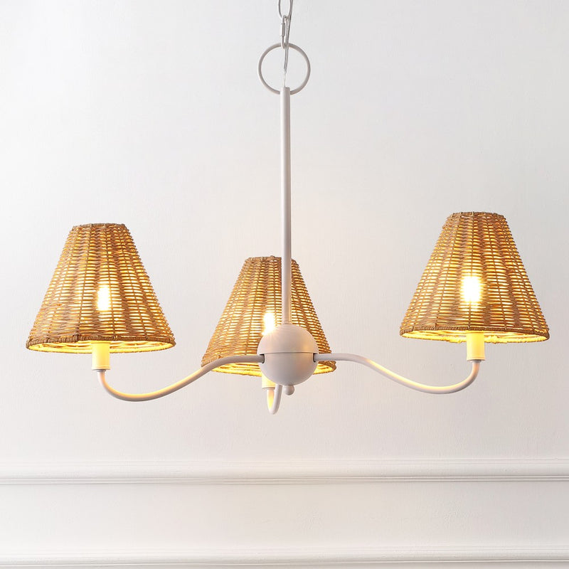 Grady Coastal Farmhouse Adjustable Swooping Arm Metal with Hand-Woven Rattan Shades LED Chandelier