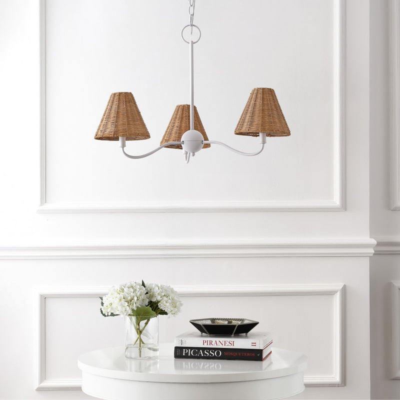 Grady Coastal Farmhouse Adjustable Swooping Arm Metal with Hand-Woven Rattan Shades LED Chandelier