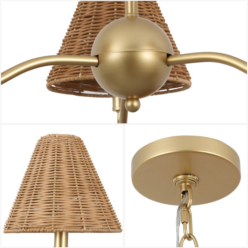 Grady Coastal Farmhouse Adjustable Swooping Arm Metal with Hand-Woven Rattan Shades LED Chandelier