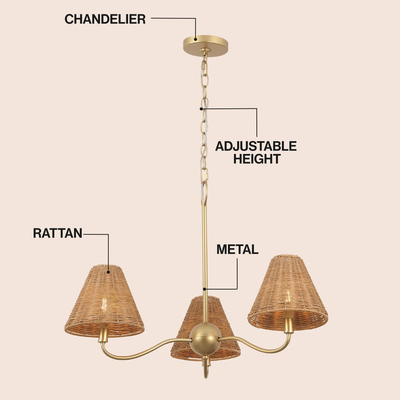 Grady Coastal Farmhouse Adjustable Swooping Arm Metal with Hand-Woven Rattan Shades LED Chandelier