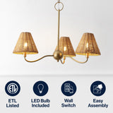 Grady Coastal Farmhouse Adjustable Swooping Arm Metal with Hand-Woven Rattan Shades LED Chandelier