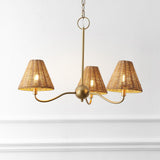 Grady Coastal Farmhouse Adjustable Swooping Arm Metal with Hand-Woven Rattan Shades LED Chandelier