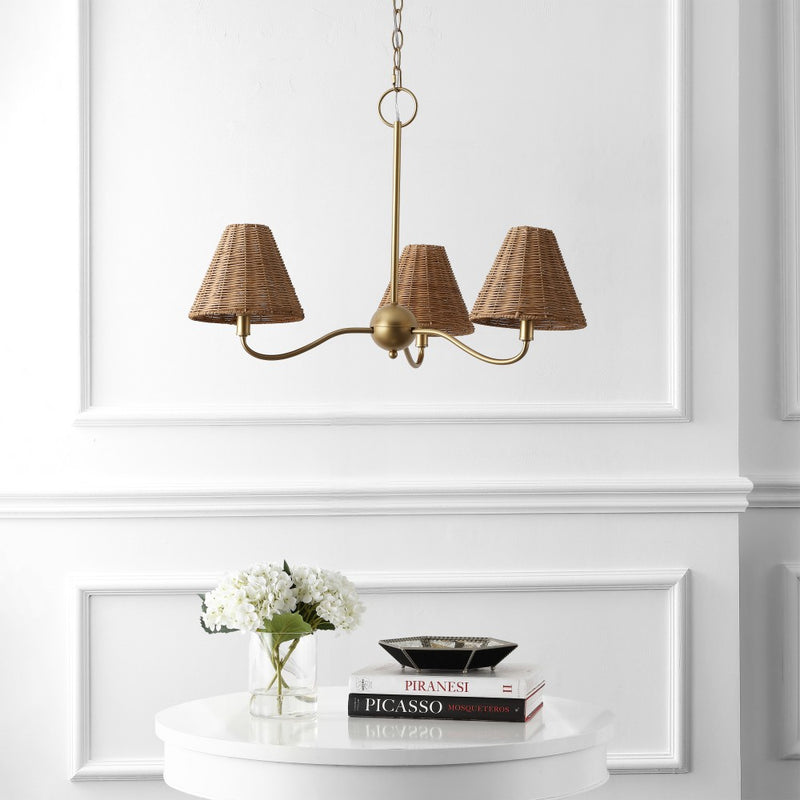 Grady Coastal Farmhouse Adjustable Swooping Arm Metal with Hand-Woven Rattan Shades LED Chandelier