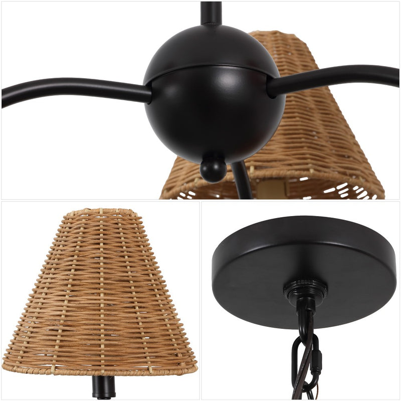 Grady Coastal Farmhouse Adjustable Swooping Arm Metal with Hand-Woven Rattan Shades LED Chandelier