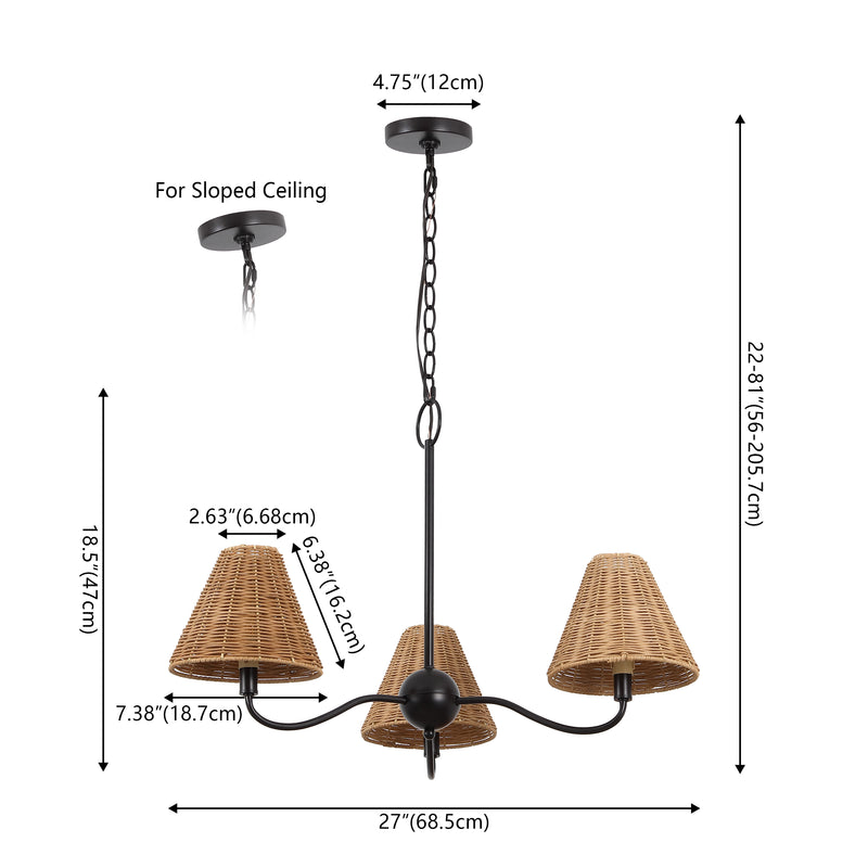 Grady Coastal Farmhouse Adjustable Swooping Arm Metal with Hand-Woven Rattan Shades LED Chandelier