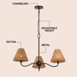 Grady Coastal Farmhouse Adjustable Swooping Arm Metal with Hand-Woven Rattan Shades LED Chandelier