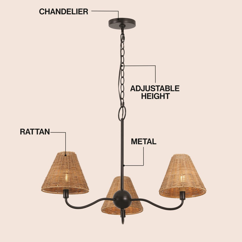 Grady Coastal Farmhouse Adjustable Swooping Arm Metal with Hand-Woven Rattan Shades LED Chandelier