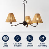 Grady Coastal Farmhouse Adjustable Swooping Arm Metal with Hand-Woven Rattan Shades LED Chandelier