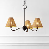 Grady Coastal Farmhouse Adjustable Swooping Arm Metal with Hand-Woven Rattan Shades LED Chandelier