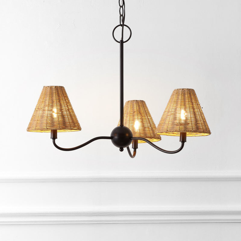 Grady Coastal Farmhouse Adjustable Swooping Arm Metal with Hand-Woven Rattan Shades LED Chandelier