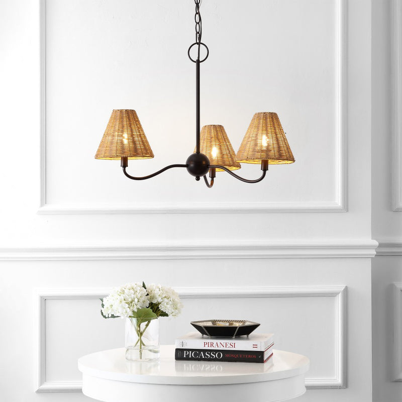 Grady Coastal Farmhouse Adjustable Swooping Arm Metal with Hand-Woven Rattan Shades LED Chandelier