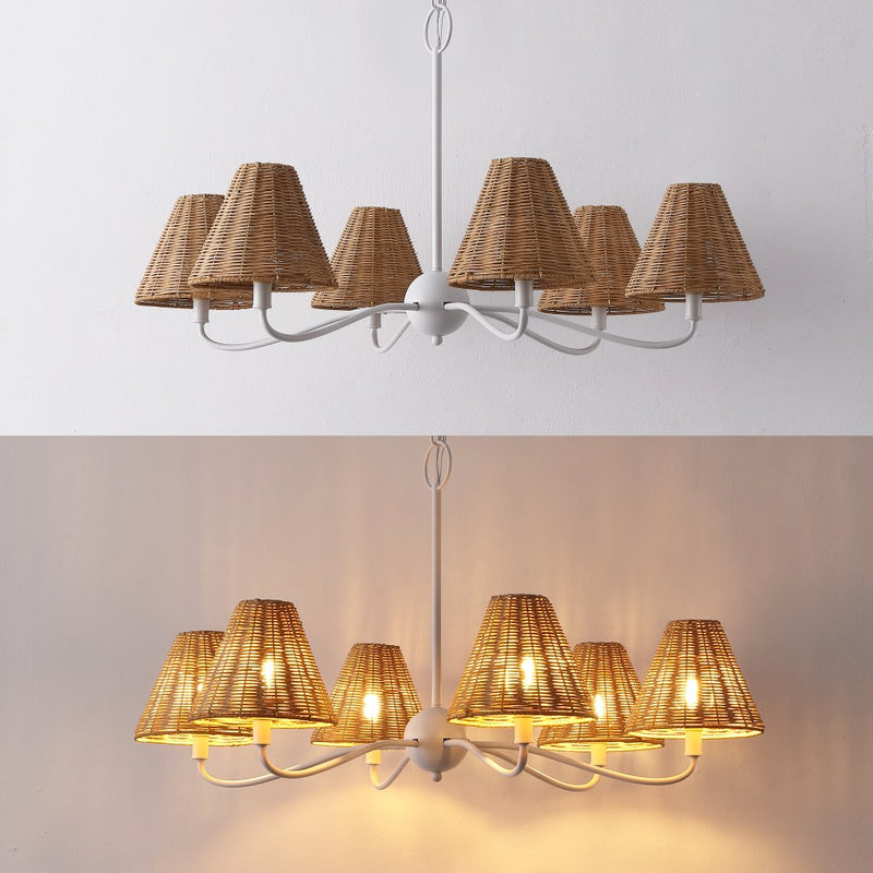 Grady Coastal Farmhouse Adjustable Swooping Arm Metal with Hand-Woven Rattan Shades LED Chandelier