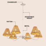 Grady Coastal Farmhouse Adjustable Swooping Arm Metal with Hand-Woven Rattan Shades LED Chandelier