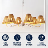 Grady Coastal Farmhouse Adjustable Swooping Arm Metal with Hand-Woven Rattan Shades LED Chandelier