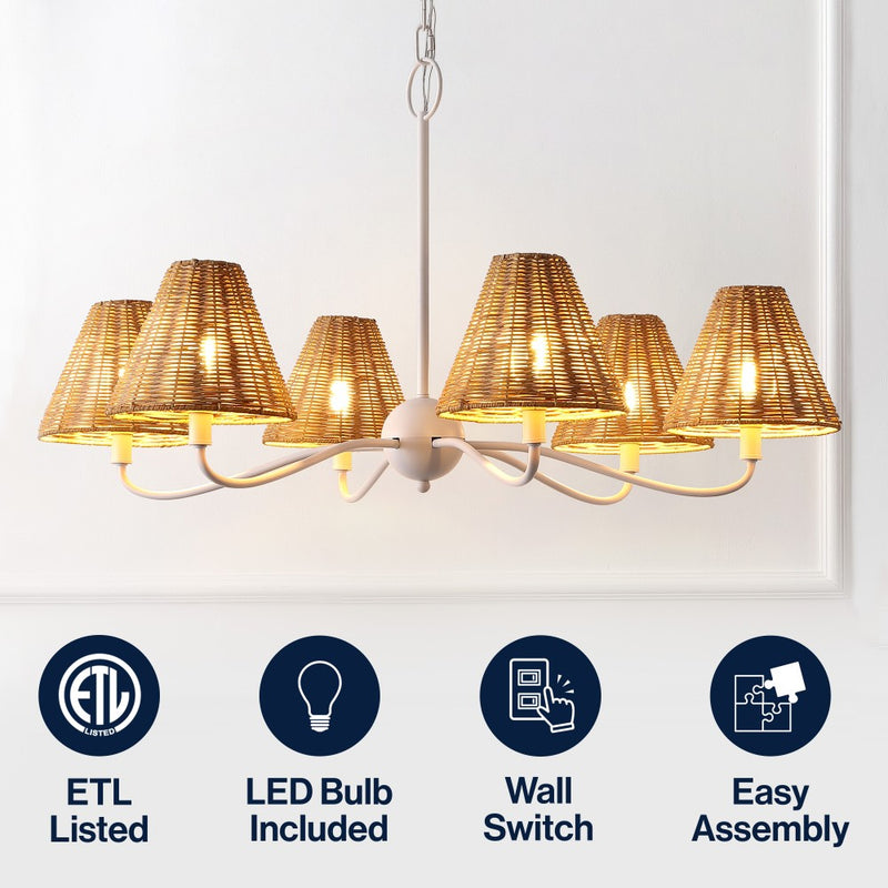 Grady Coastal Farmhouse Adjustable Swooping Arm Metal with Hand-Woven Rattan Shades LED Chandelier