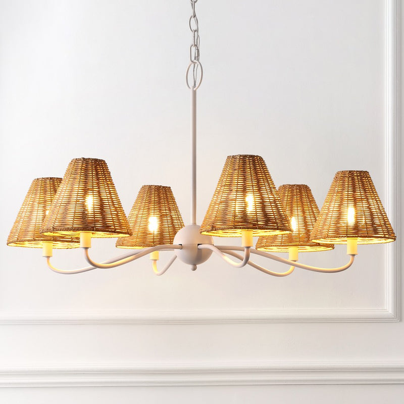 Grady Coastal Farmhouse Adjustable Swooping Arm Metal with Hand-Woven Rattan Shades LED Chandelier