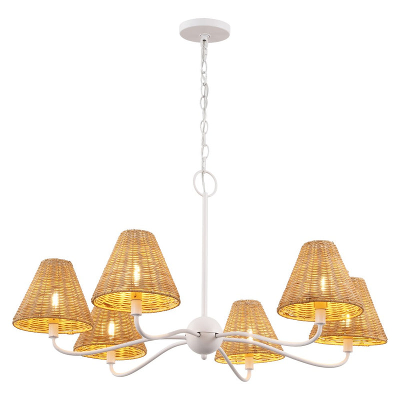 Grady Coastal Farmhouse Adjustable Swooping Arm Metal with Hand-Woven Rattan Shades LED Chandelier