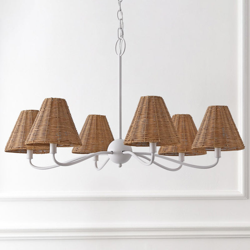 Grady Coastal Farmhouse Adjustable Swooping Arm Metal with Hand-Woven Rattan Shades LED Chandelier