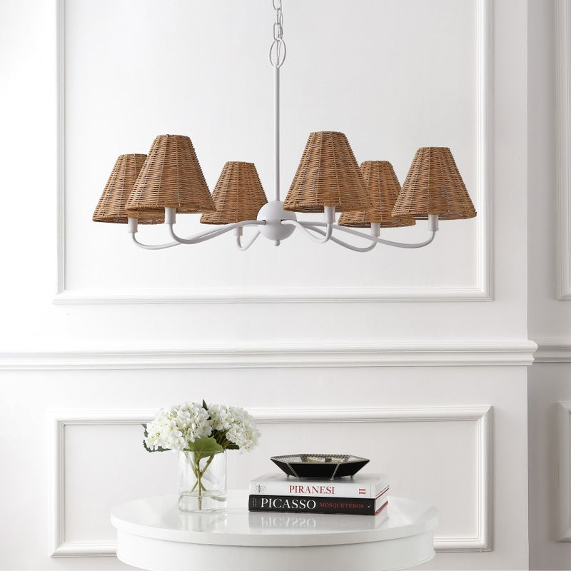Grady Coastal Farmhouse Adjustable Swooping Arm Metal with Hand-Woven Rattan Shades LED Chandelier