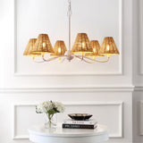 Grady Coastal Farmhouse Adjustable Swooping Arm Metal with Hand-Woven Rattan Shades LED Chandelier