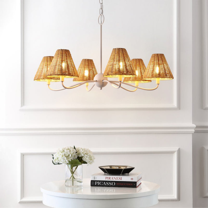 Grady Coastal Farmhouse Adjustable Swooping Arm Metal with Hand-Woven Rattan Shades LED Chandelier