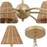 Grady Coastal Farmhouse Adjustable Swooping Arm Metal with Hand-Woven Rattan Shades LED Chandelier