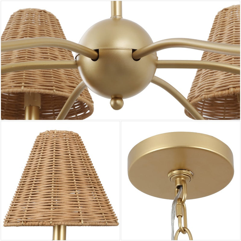 Grady Coastal Farmhouse Adjustable Swooping Arm Metal with Hand-Woven Rattan Shades LED Chandelier
