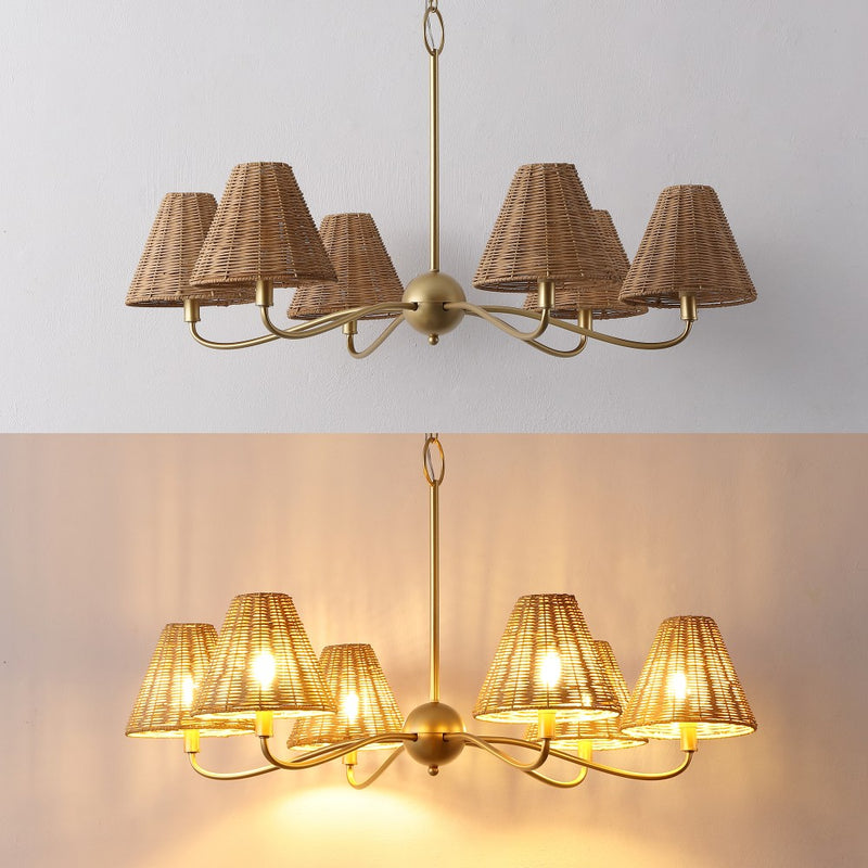Grady Coastal Farmhouse Adjustable Swooping Arm Metal with Hand-Woven Rattan Shades LED Chandelier