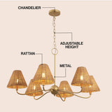 Grady Coastal Farmhouse Adjustable Swooping Arm Metal with Hand-Woven Rattan Shades LED Chandelier