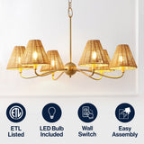 Grady Coastal Farmhouse Adjustable Swooping Arm Metal with Hand-Woven Rattan Shades LED Chandelier